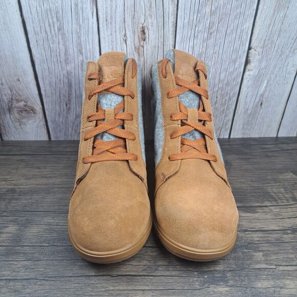 Sorel Evie Lace Up Wedge Leather Ankle Suede Bootie Women's Sz 8 Brown (VGC) - Picture 2 of 9